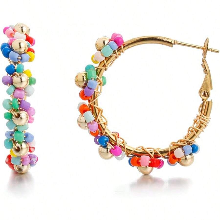 Colorful Beaded Hoop Earrings For Women, Boho Style - Colorful Daisy 2 - View 1
