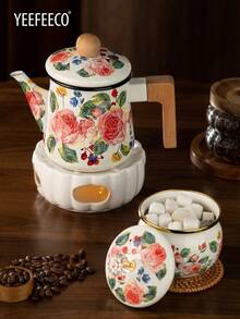 yeefeeco 1PC 1.2L木柄珐琅咖啡壶，玫瑰印花咖啡壶，短木柄珐琅壶，钻石顶玫瑰图案珐琅壶，欧式城堡风格咖啡壶，茶壶，炉头，油壶，调味罐，玫瑰印花糖罐，茶叶罐，咖啡豆罐，调味罐，适用于家庭，咖啡店，庭院，沙特国庆 - Enamel Pot - 查看 4