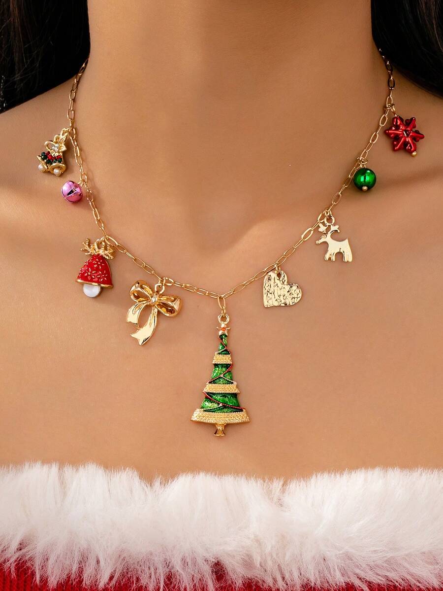 1 Pc Gingle Bells Snowflake Christmas Charm Necklace - Gold Tone Chain Necklace With Bow Xmas Tree Pendant - Holiday Festive Jewelry Gift For Women & Girls