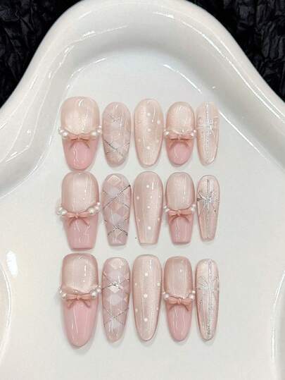 10pcs Butterfly Ballet Cat Eye Check Pink French Handmade Nails Acrylic Press On Nails Summer Nails Sweet Cute Pearl Polka Dots Medium Length Coffin/Medium Oval/Long Stiletto False Nails Full Cover Nail Tips With Jelly Glue And Nail File, DIY Nail Art Supplies For Wedding Bridal Homecoming Party Daily Use