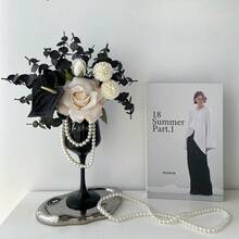 1pc Elegant Faux Rose Arrangement In Luxury Wine Glass Vase With Decorative Pearls Living Room Decor,Autumn Home Decor,Autumn Decor,Room Decor