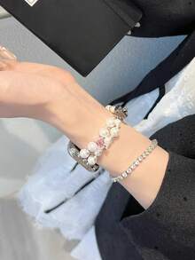 1 件女式猫眼珍珠粉钻金属链式表带，兼容 38/40/41/42/44/45/46/49 毫米，兼容 表带 Ultra/Se10/9/8/7/6/5/4/3/2/1 - 方鑽 - 查看 3