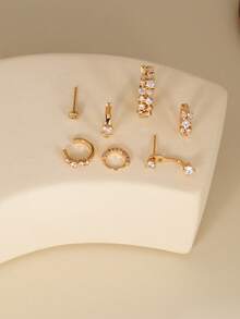 Bộ 7 khuyên tai xỏ khuyên Cubic Zirconia thanh lịch, bao gồm khuyên tai kẹp và khuyên tai đinh tán, trang sức bằng đồng phù hợp cho phụ nữ sử dụng hàng ngày, tiệc tùng, tiệc tối - Vàng - Xem 3