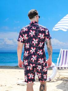 LiTTEKinq Men's 2-Piece Beach Suit With Coconut Palm And Seascape Prints, Featuring A Button-Down Short-Sleeved Shirt And Loose-Fitting Shorts For A Beach Vacation. - 紅色 - 查看 2