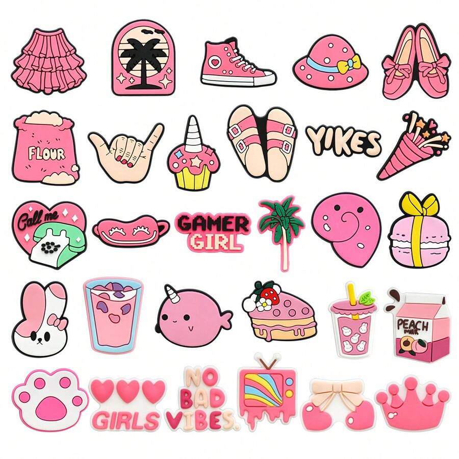 29 buc/set pandantive pentru pantofi seria roz pentru fete, pentru decorarea pantofilor DIY, calitate premium, accesorii pentru pantofi, sandale cu bule, decorațiuni pentru pantofi din PVC, accesorii pentru genți de plajă, cadou excelent pentru adolescenți, bărbați, femei și adulți