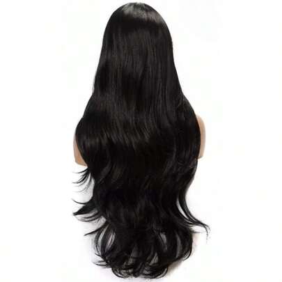 Peruca De Cabelo Ondulado Com Franja De Fibra Orgânica Preta Longa 60cm