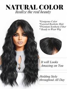 24 Zoll schwarze mittelgescheitelte lange lockige Haare, elegante Damenperücke, hitzebeständige synthetische gewebte Perücke, perfekt für Urlaubsreisen, Partys, Rollenspielakteure, Halloween und Weihnachten Alltagskleidung, Halloween Perücke, Mädchen Urlaubsgeschenk