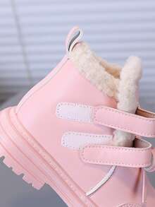 儿童保暖内衬踝靴，2025秋冬新款蝴蝶结软底防滑小女孩靴子，圆头百搭皮革保暖厚底平底靴 - 粉色 - 查看 9