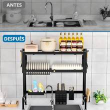 Escurridor de platos con solapa para sobre el fregadero, extensible, para encimera, con cubertero y escurridor, ahorra espacio. Organizador de platos de 3 niveles, cubertero, cesta, tabla de cortar, 6 ganchos (85 x 30 x 80 cm) - Negro - Ver 10