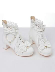 Princess Cute Lolita Boots Chunky Mid Heel Women Ankle Boots Anime Cosplay Party Rear Zipper Sweet Lace-Up Bow Pearl Dress Shoes - trắng - Xem 2