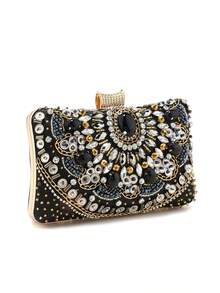 Bolsa de Mão Preta Vintage Bordada com Miçangas para Mulheres, Bolsas de Embreagem de Metal Caixa para Senhoras, Bolsas de Festa de Casamento e Coquetel