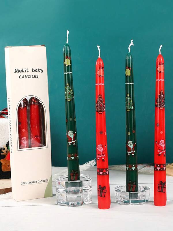 2 pezzi/Scatola Candele natalizie colorate a forma di cono, con stampa, candele a stelo lungo da 25 cm per decorazioni natalizie, senza fumo e senza odore, candele romantiche a stelo lungo