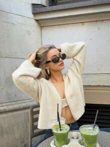 Senya Women's Autumn And Winter New Oatmeal V-Neck Long-Sleeved Knitted Cardigan, Elegant, Casual Loose Lazy Straight Sleeve Jumper Top, Daily, Holiday, Dating, Graduation, Back To School Knitted Cardigan - Beige - View 1