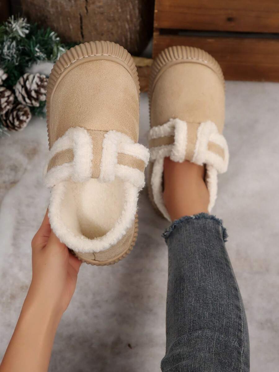 نعال منزلية نسائية مبطنة بالفليس السميك والملون، ذات نمط معين أنيق غير متماثل، للارتداء الداخلي في فصلي الخريف والشتاء