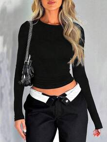 Elegant & Versatile Women Plain Crew Neck Long Sleeve Ruched Fitted Slim Fit T-Shirt,Suitable For Summer And Autumn/Winter Seasons - màu đen - Xem 2