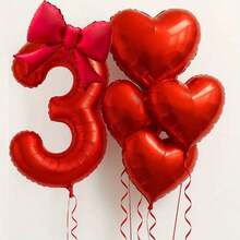6pcs/Set 32" Red Number, Bow, Heart Foil Balloon Set - Red Theme Birthday Party Decor Balloons, 21" Red Bow Balloons, 18" Red Heart Balloons With Red Balloon Ribbons, Suitable For Wedding, Birthday, Valentine's Day, Anniversary, Christmas Decoration - Red - View 14