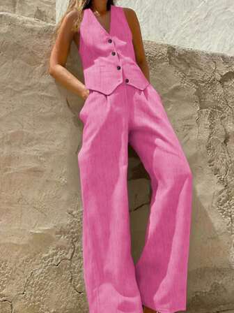 2 st/set dam enfärgat knäppt djupt v-ringat ärmlös linne och hög midja vida benbyxor med fickor casual set, sommar, examen, semester, linnefärgad linnekostym, casual vårsommar tvådelad outfit, semesteroutfit, damkläder, gamla pengar, Saint Patrick St Patrick Day outfit, påskdamer