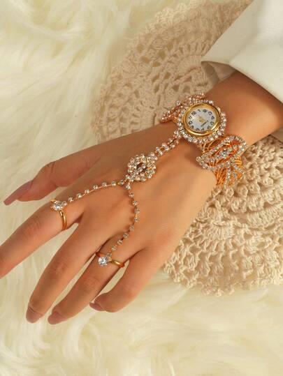 1 pieza Reloj elegante de mujer con brazalete decorado con rhinestones, adecuado para uso diario, bailes, fiestas, celebraciones, cumpleaños, bodas, cenas formales - Reloj de cuarzo de alta gama y de moda