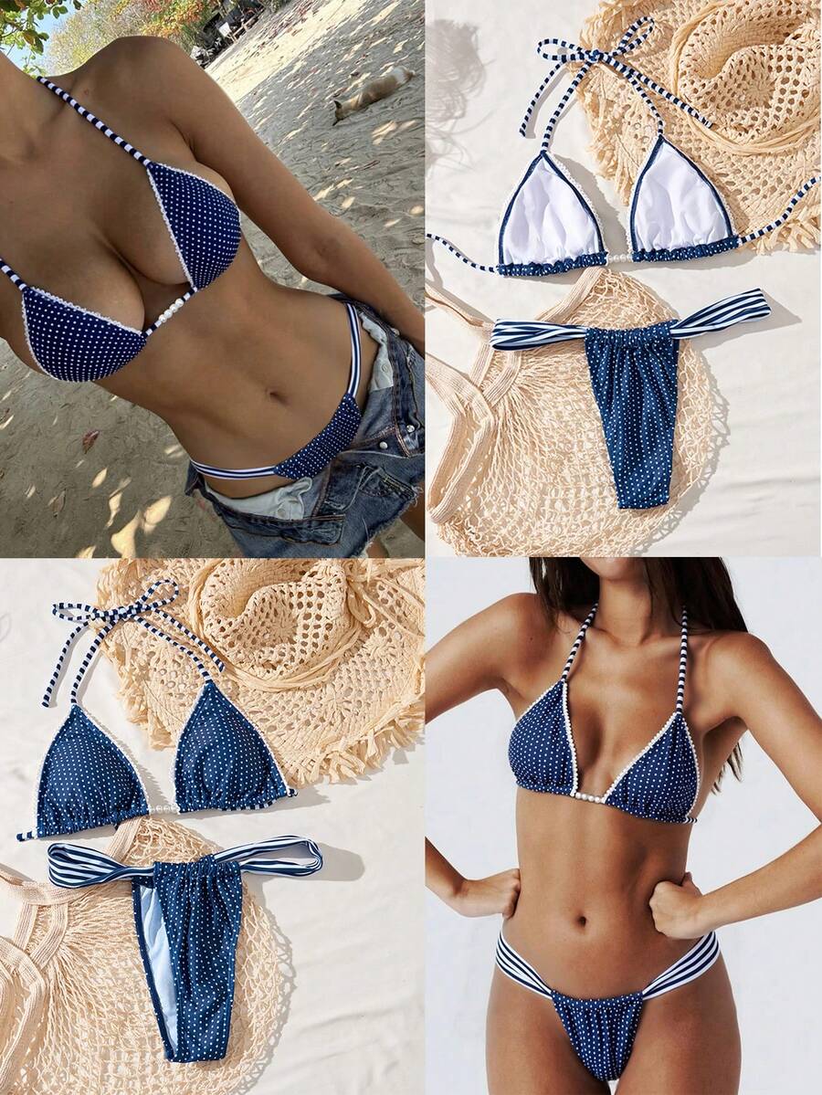 Ladies' Swimsuit Sexy Fashion Blue Two Pieces Swimsuit Lace White Bead Accessories Summer Beach Bikini Set Random Print