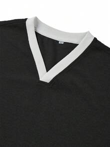 男士纹理面料拼接罗纹袖口和领口轻薄亨利衫，休闲户外服饰，春秋季长袖上衣 - 黑色 - 查看 4