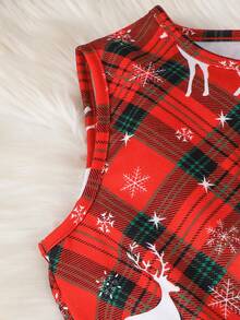 Purechapter 2 Peças Conjunto de Natal para Meninas Pré-Adolescentes, Vestido Estampado de Cervo Sem Mangas e Decote Nas Costas + Jaqueta de Veludo de Manga Longa, Adequado para Festa de Natal e Presente