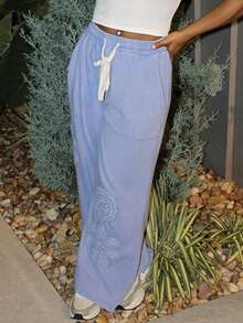Steph T 波西米亚乡村风格休闲度假纯色针织中腰水洗宽松女士长裤 - 藍色 - 查看 2