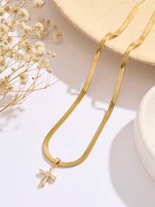 1 件不锈钢刀片链项链，带微镶嵌方晶锆石十字架吊坠，女士项链（无礼品盒）