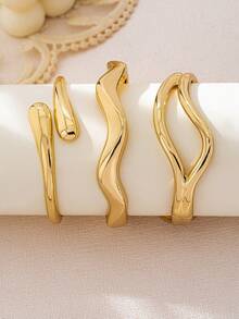 3pcs/1pc Fashionable Thick Minimalist Smooth Gold Geometric Wave Teardrop Bangle Bracelet, Suitable For Women - Yellow Gold - View 2