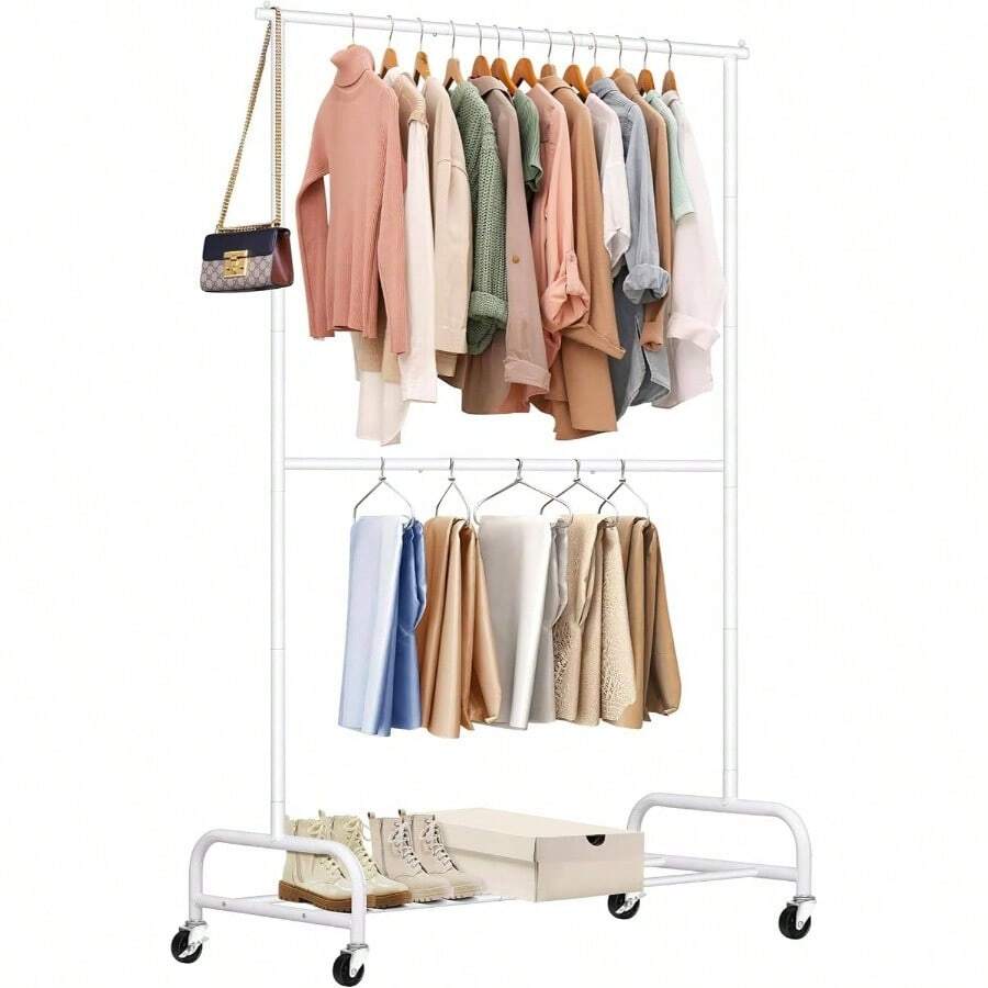 Heavy Duty Clothing Racks Hanging Clothes Rack, 43 Wide Rolling Garment Rack Metal Clothing Hanger Rack With Wheels Wardrobe Rack Coats, Shirts, Dress, Black - 白色+雙桿 - 查看 1