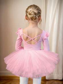 Young Girl Long Sleeve Backless Pink Ballet Tutu Dress, Children Mesh Flared Skirt Dance Leotard - Pink - View 2
