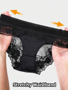 Women's Floral Lace Panties Low Waist Sheer Lace Trim Briefs Elegant Underwear Elastic Panty Lingerie Sexy Laces Splicing Triangle Pantie Women Flower Underpants Comfortable Knickers Minimal Style Safety Shorts Daily Wear