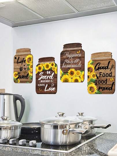 Bộ 4 miếng dán tường phẳng hình hoa hướng dương và đồ ăn ngon, đồ trang trí tường thích hợp cho phòng, nhà, trang trí nhà bếp, trang trí phòng