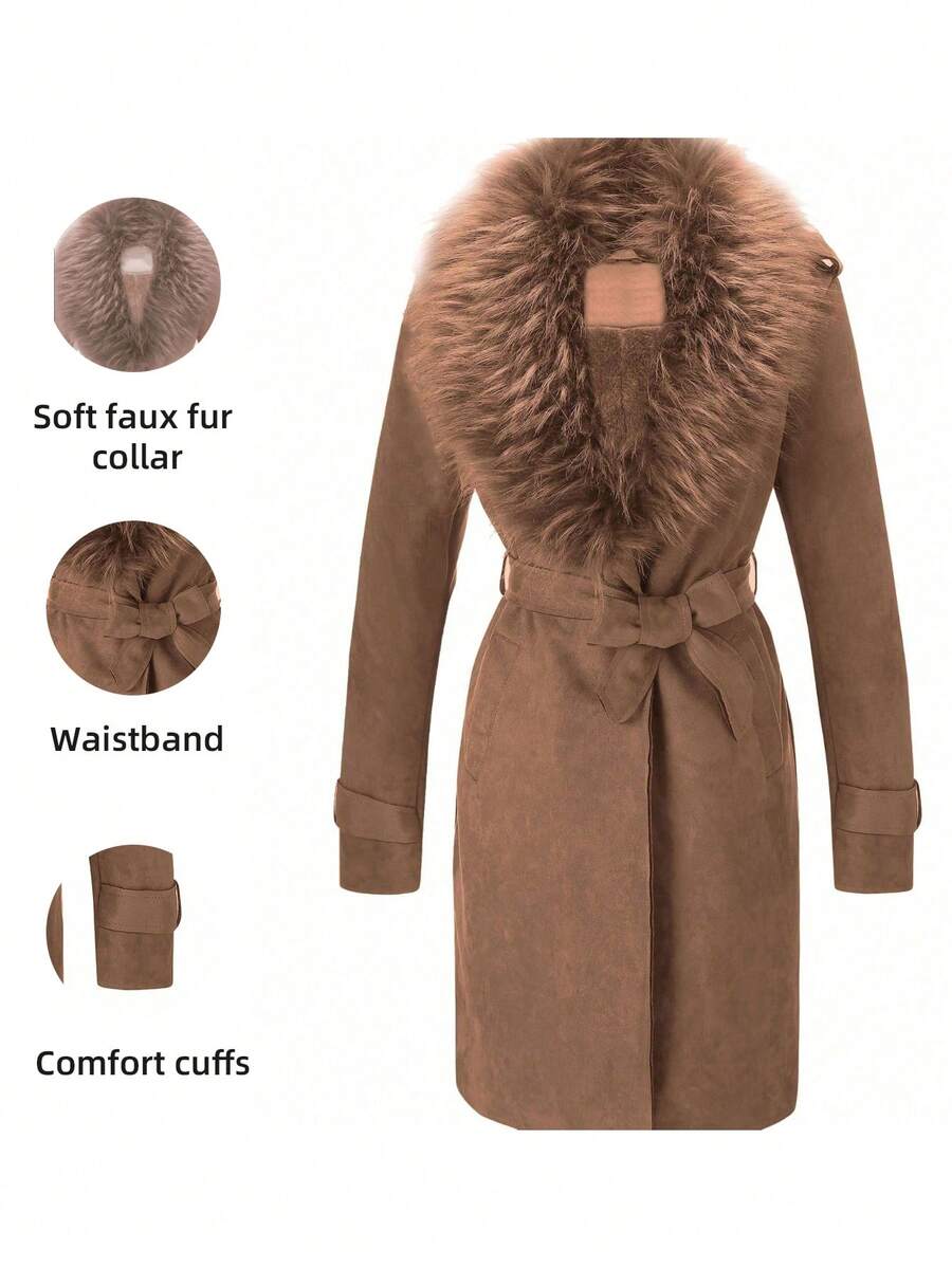 Risissida Women's Elegant Mid-Length Suede Coat With Faux Fur Collar And Waist Belt For Fall And Winter Commutes