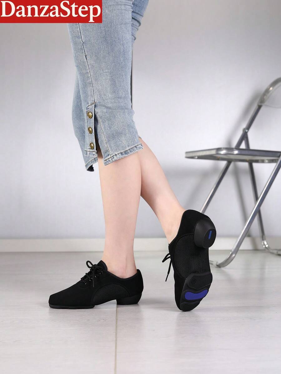 Sapatos de dança latina de salão femininos com cadarço, design de malha respirável, sola dividida, salto de 1 polegada, sapatos de dança para ambientes internos/externos - Preto - Ver 1