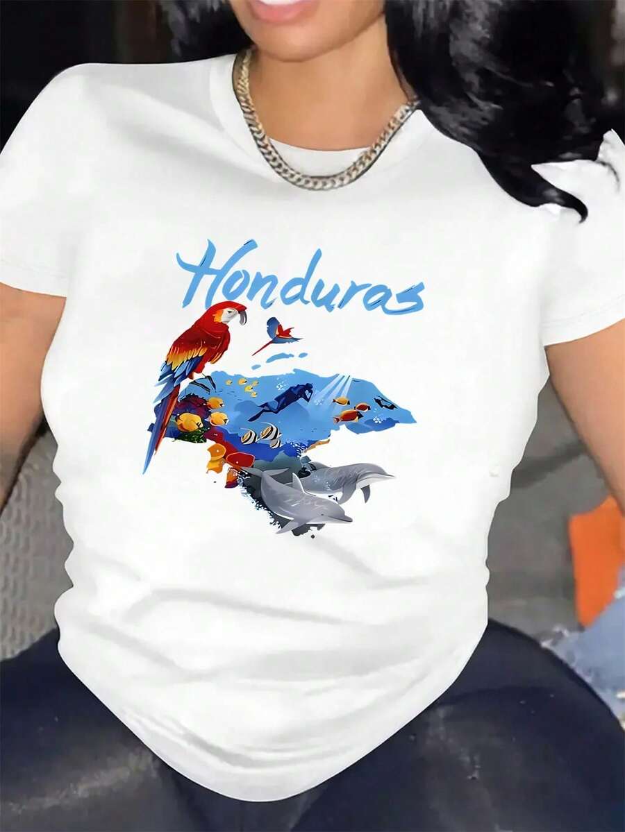 Women's Vibrant Honduran Pattern-Shirt - Casual Sportswear,% Knit - All-Season Crew Neck-Shirt, Colorful Parrot And Dolphin Design - Travel And Beach Vacations Casual - 白色 - 查看 1