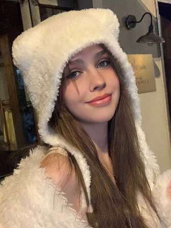 1顶女士长耳针织帽，休闲可爱波西米亚风优雅保暖护耳针织帽，适合冬季，新款秋冬毛绒熊图案