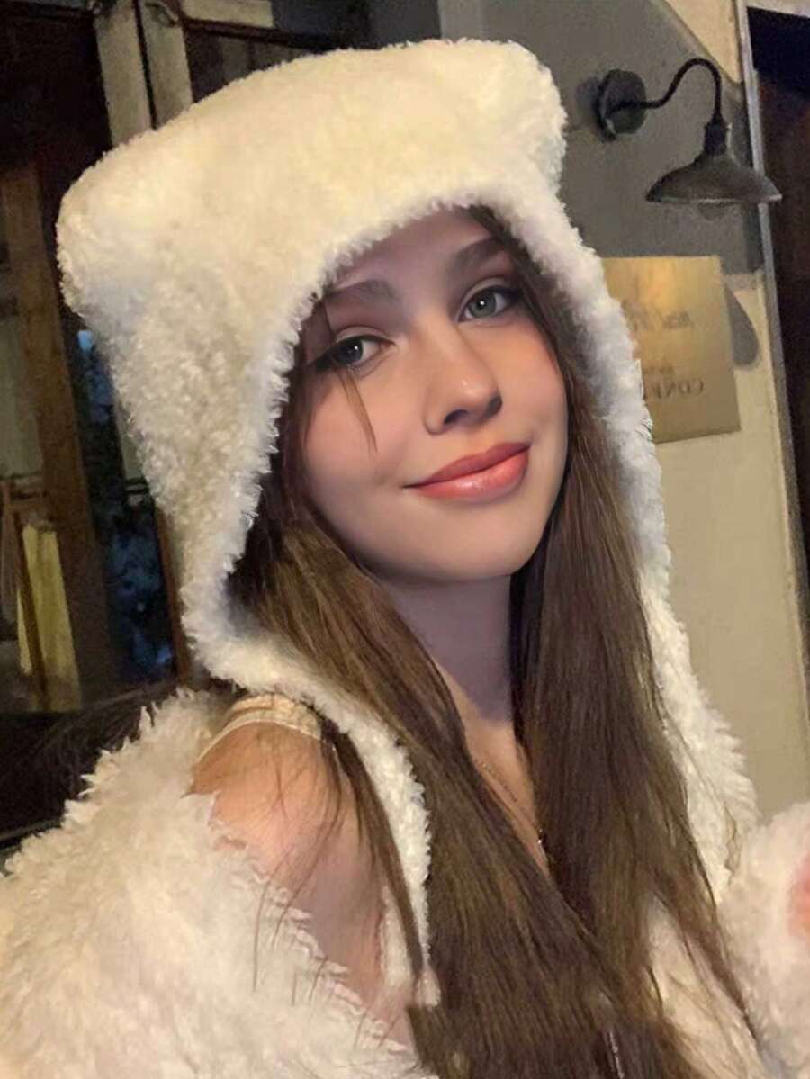 1pc Women's Long Ear Knitted Hat, Casual Cute Bohemian Elegant Warm Earflap Knit Cap For Winter, New Autumn/Winter Fluffy Bear Design