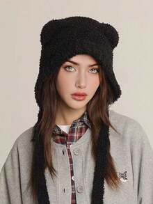 1pc Women's Long Ear Knitted Hat, Casual Cute Bohemian Elegant Warm Earflap Knit Cap For Winter, New Autumn/Winter Fluffy Bear Design