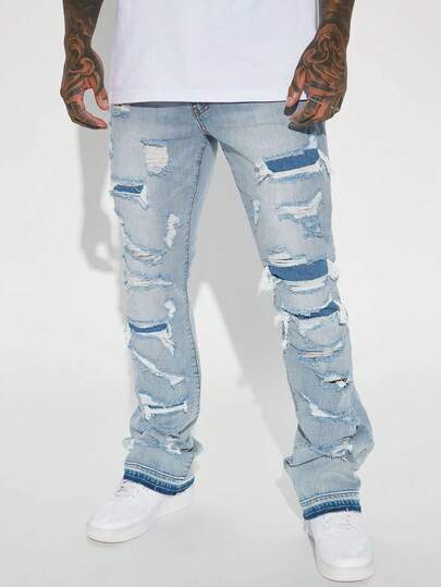 Men's Denim Flare Jeans, Skinny Fit Pants, Distressed Flare Jeans With Patches, Washed Denim Y2K Stacked Pants, Contrast Washed Embroidered Jeans, Suitable For All Seasons