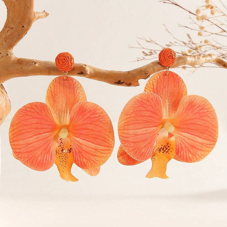 زوج من أقراط الأزهار الجميلة على شكل فراشة وأوركيد، مناسبة للنساء للاستخدام اليومي والرحلات