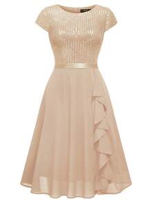 MIUSOL Sequin Lace Ruffle Trim Champagne Chiffon Flowing Cocktail Party Swing Dress, Pleated Hem For Wedding Guest, Birthday, Homecoming