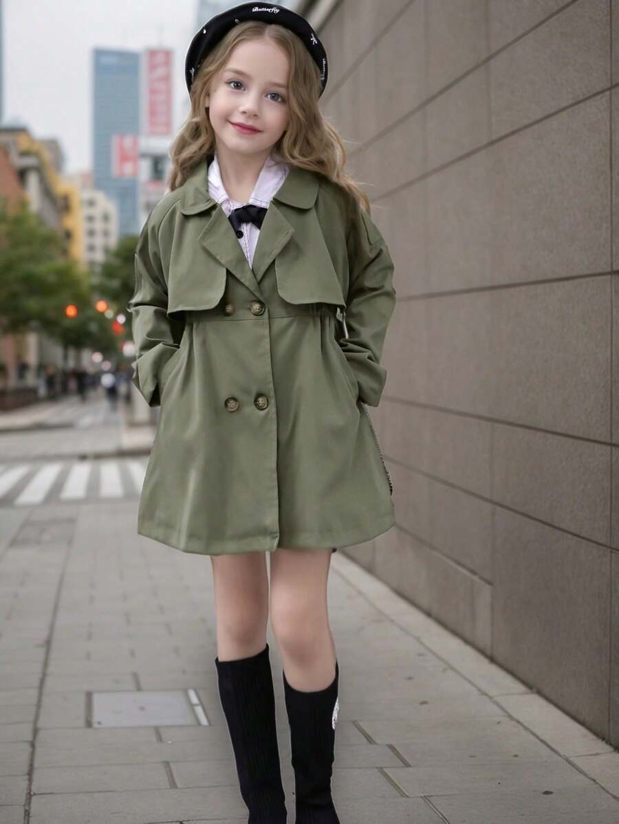 New Girls' British Style Double-Breasted Trench Coat, Girls' Casual Autumn Windbreaker, Children's Spring/Autumn Jacket