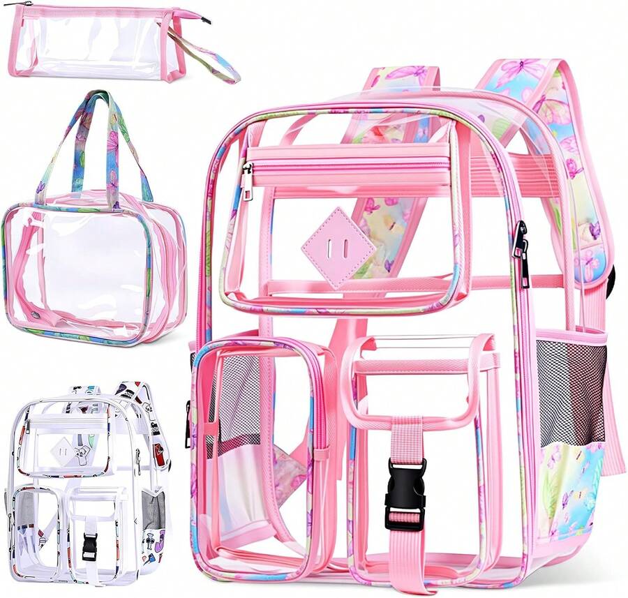 OYANIA Mochila Transparente de PVC para Estudiantes y Ni?os,Mochilas para Escuela Impermeable, Mochila Grande Para La Escuela, El Trabajo, La Biblioteca, Los Viajes Y Las Salidas,42 * 32 * 14cm - Rosa - Ver 1