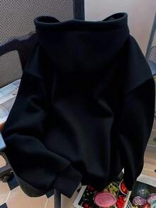 Sudadera Casual Sólida de Mujer con Capucha, Cordón y Bolsillos Canguro de Manga Larga Pullover - Negro - Ver 2