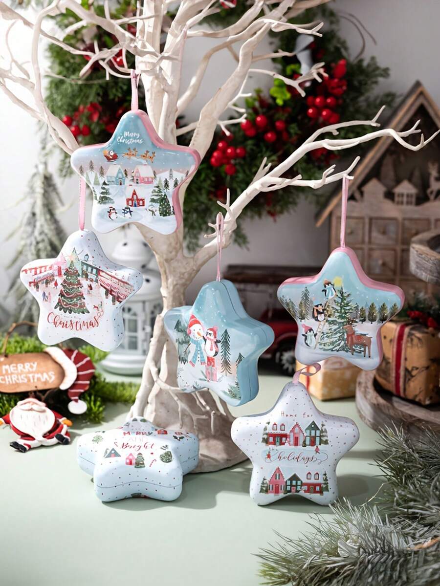 Weihnachtsdekoration Stern Cartoon Muster Blechdose Weihnachtszeit Handgriff Geschenkbox Aufbewahrungsbox, Ornament Aufbewahrung, Aufbewahrungskisten für Zuhause Organisation, Körbe, Kisten & Behälter für Zuhause Organisation