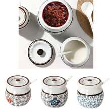 Borcan ceramic cu untură de porc, sticlă de condimente ceramice în stil tradițional chinezesc japonez, cu capac, lingură, recipient de condimente rezistent la temperaturi ridicate, accesorii de bucătărie, consumabile pentru petreceri de Crăciun, cină în familie