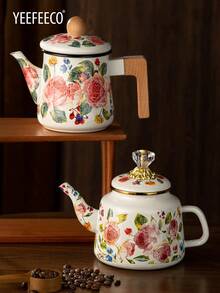 yeefeeco 1PC 1.2L木柄珐琅咖啡壶，玫瑰印花咖啡壶，短木柄珐琅壶，钻石顶玫瑰图案珐琅壶，欧式城堡风格咖啡壶，茶壶，炉头，油壶，调味罐，玫瑰印花糖罐，茶叶罐，咖啡豆罐，调味罐，适用于家庭，咖啡店，庭院，沙特国庆 - Enamel Pot - 查看 11