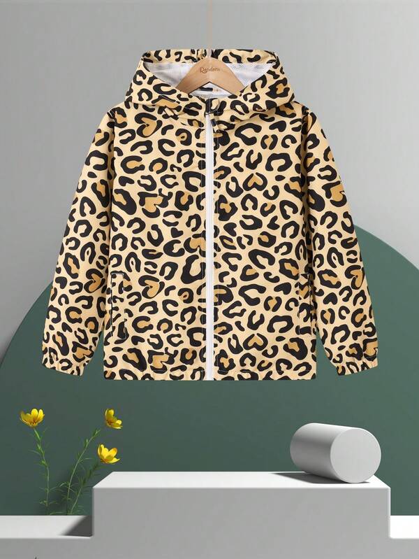 Tween Girl' Casual Jacket, Cute Leopard Print With Pockets, Hooded Windproof Waterproof Outerwear