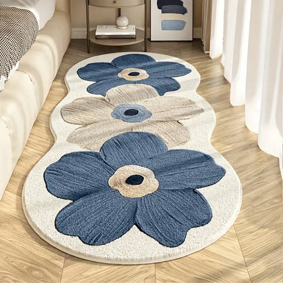 1pc Light Luxury Faux Fur Cute Transparent Flower Mat, 47.24*19.68 Inches Soft Fluffy Bedside Mat, Non-Slip Living Room Decorative Pad, Suitable For Hallway, Study And Dressing Room