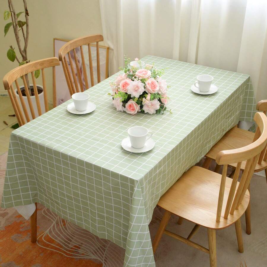eluckya Rectangular Checkered Tablecloth, Stain-Resistant And Wrinkle-Resistant Washable Polyester PVC Tablecloth, Suitable For Table Decoration, Kitchen Decoration, Wedding Party, Autumn Picnic, Halloween Decoration, Christmas Decoration, Restaurant Tablecloth - 淡雅小格(淺綠) - 查看 1